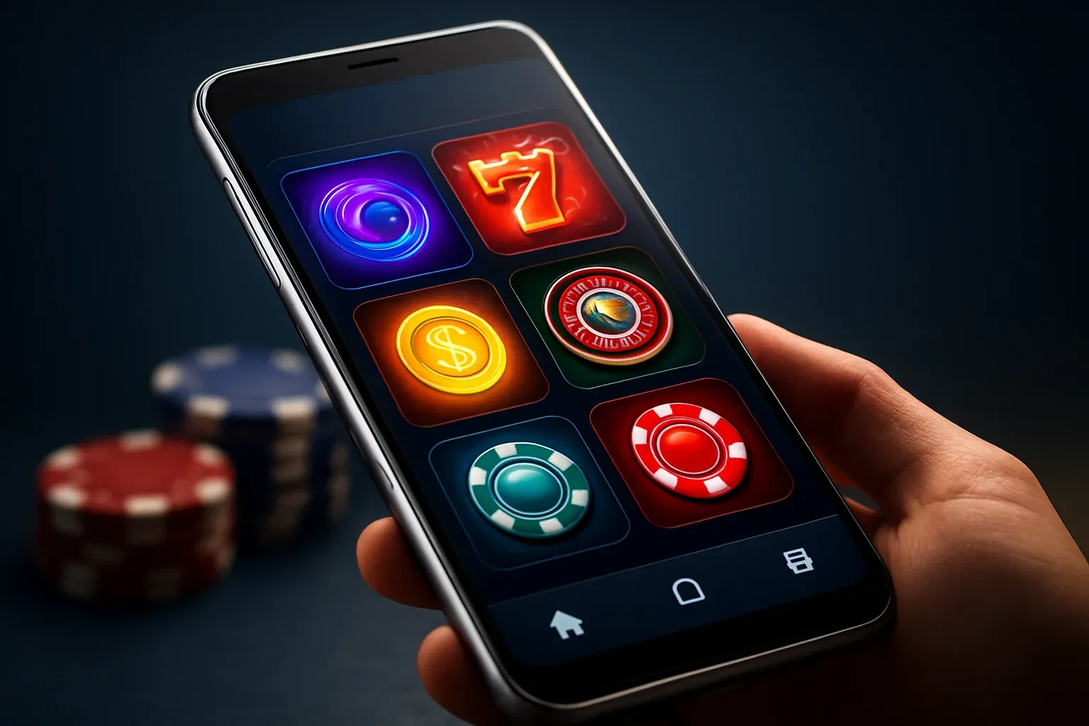 Flagship Android smartphone displaying vivid casino app interface in dramatic lighting