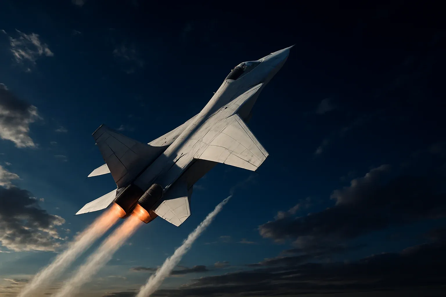 Hyperrealistic white jet aircraft climbing steeply in dramatic blue sky