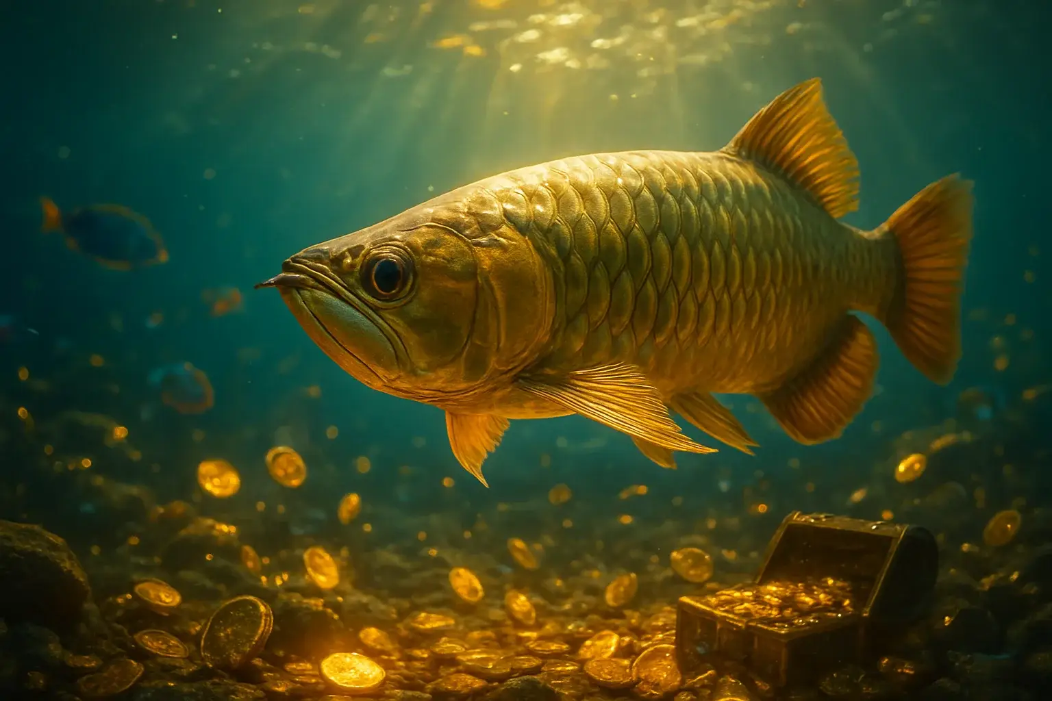 Massive golden dragon fish underwater with glowing treasure and tropical fish