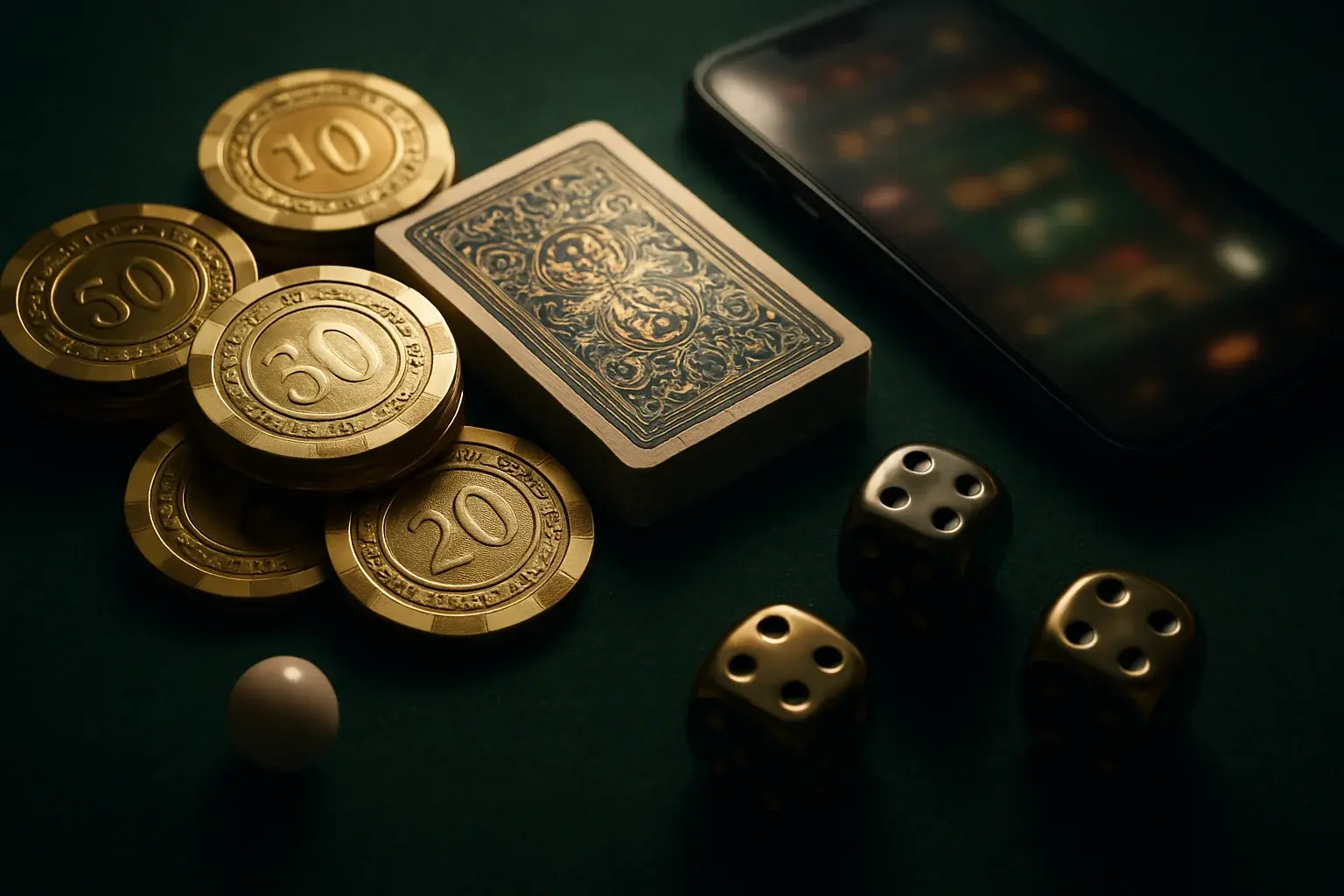 Top-down casino table with gold chips, cards, dice, roulette ball, smartphone