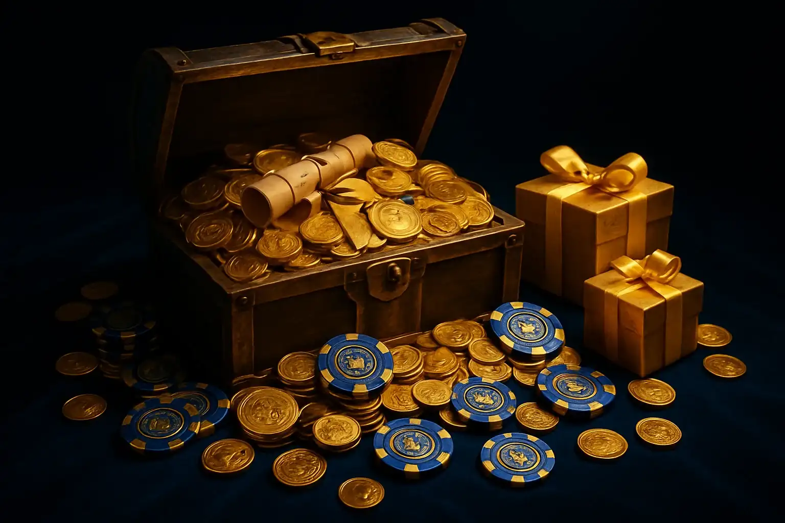 Overflowing treasure chest with gold coins, casino chips, vouchers, and gift boxes