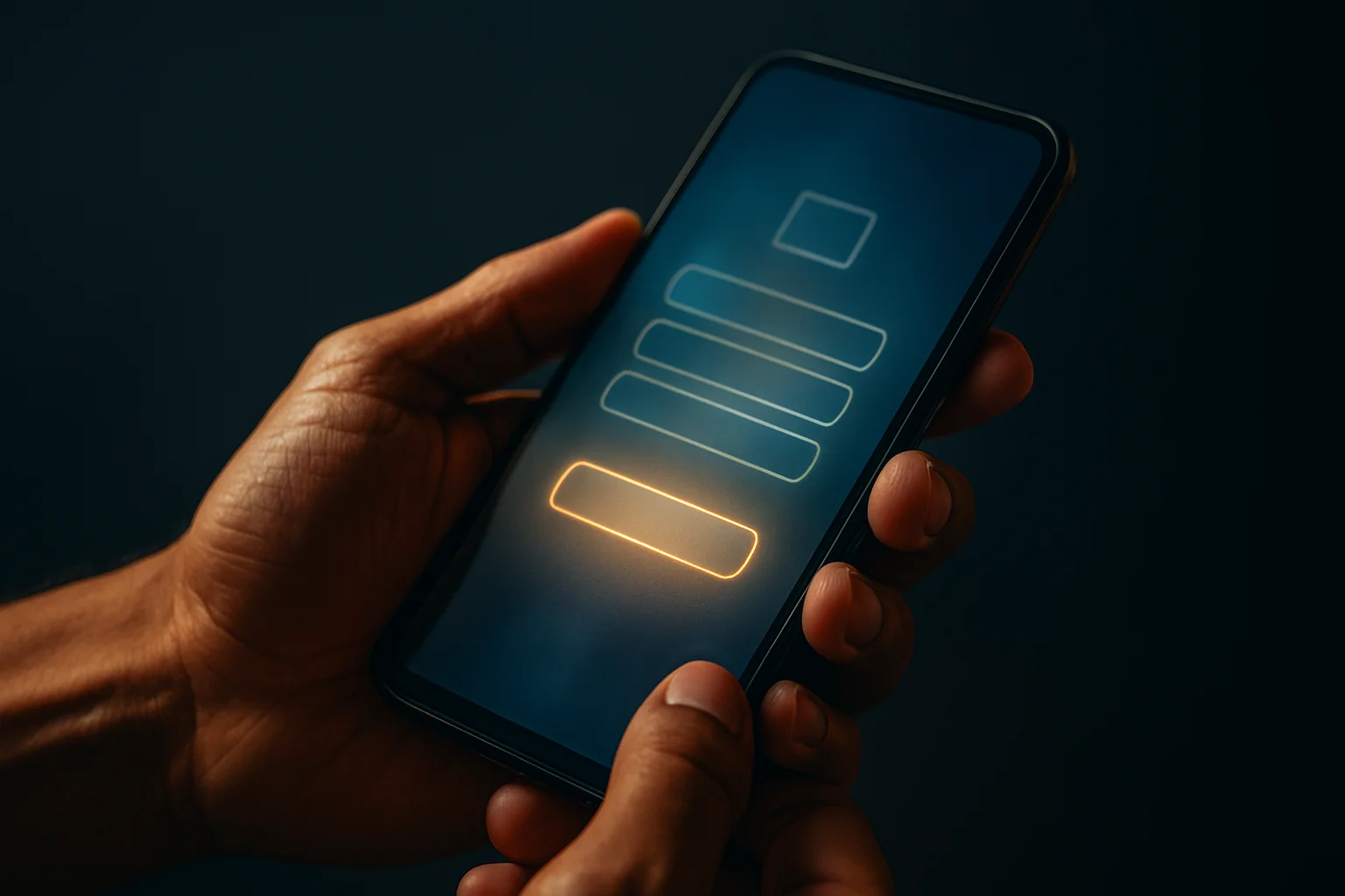 Filipino man's hands holding smartphone with glowing registration interface