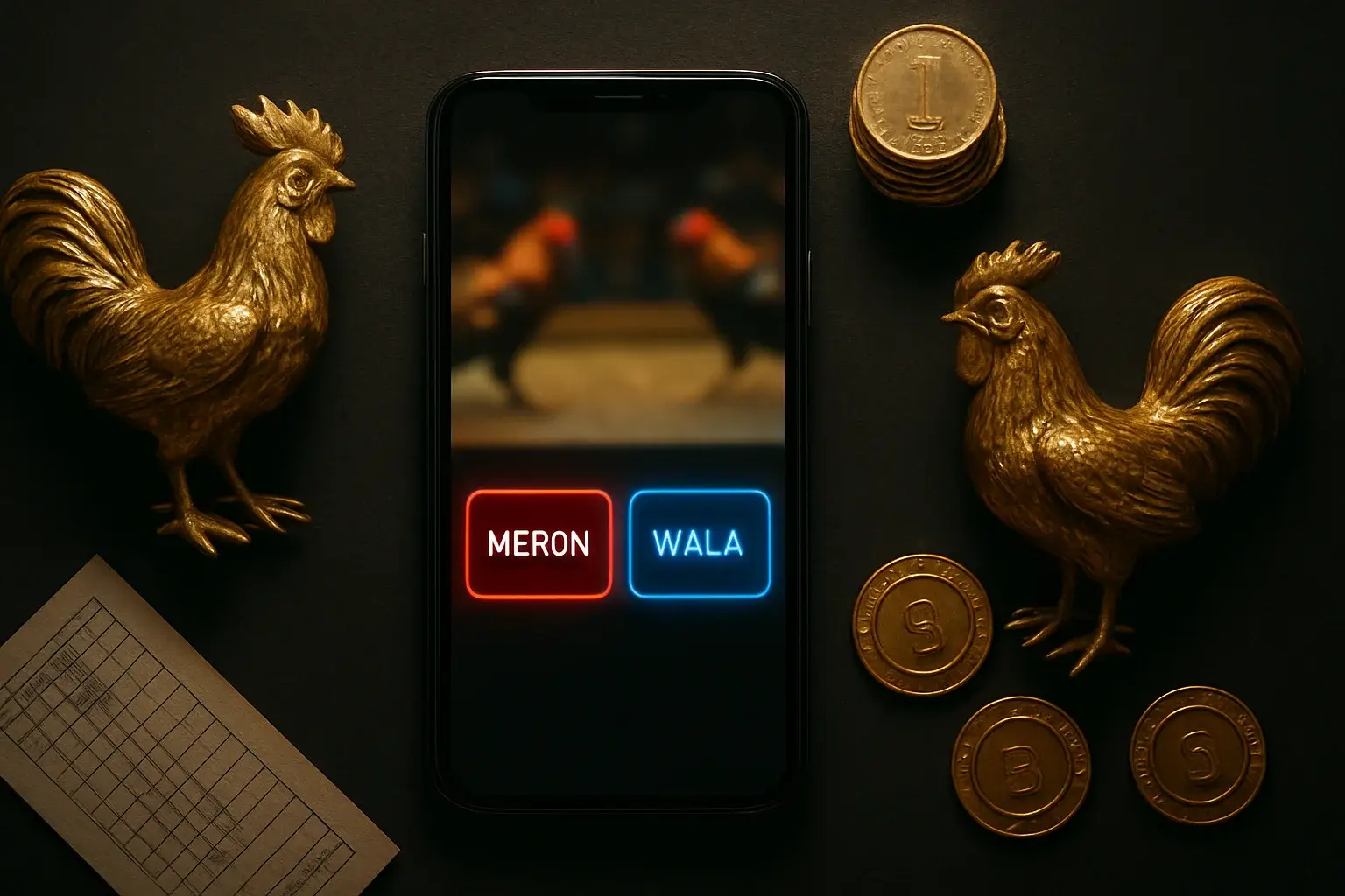 Smartphone with sabong betting interface, golden roosters, coins, and chips