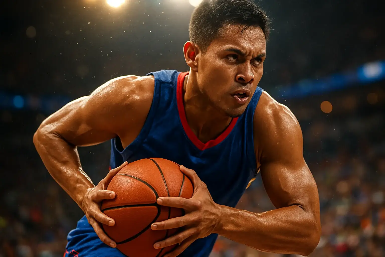 Filipino PBA basketball player driving mid-air toward the basket